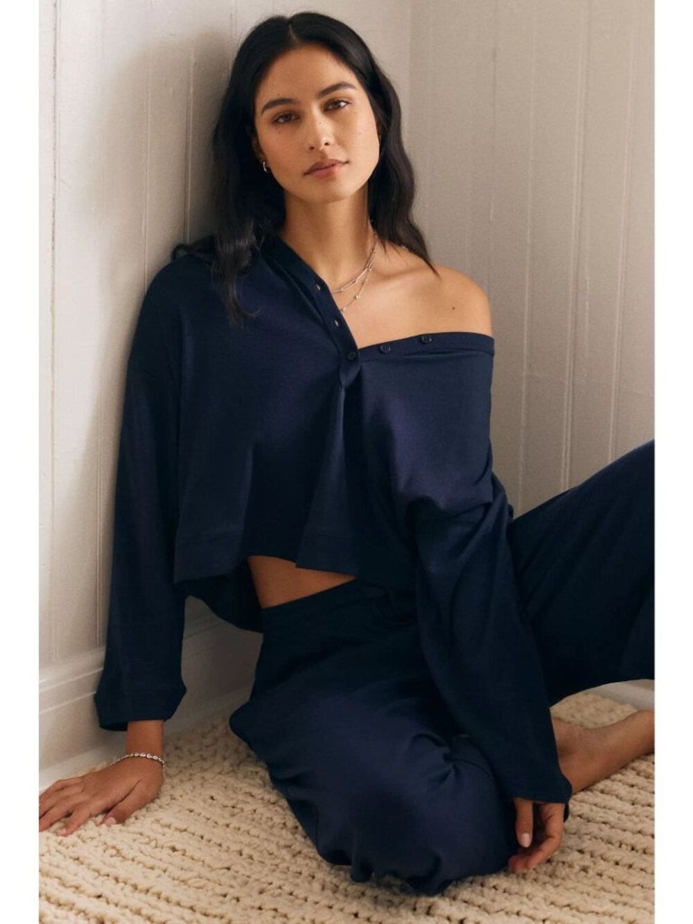 Papinelle Navy Lounge Set With Cropped Button-Up Top